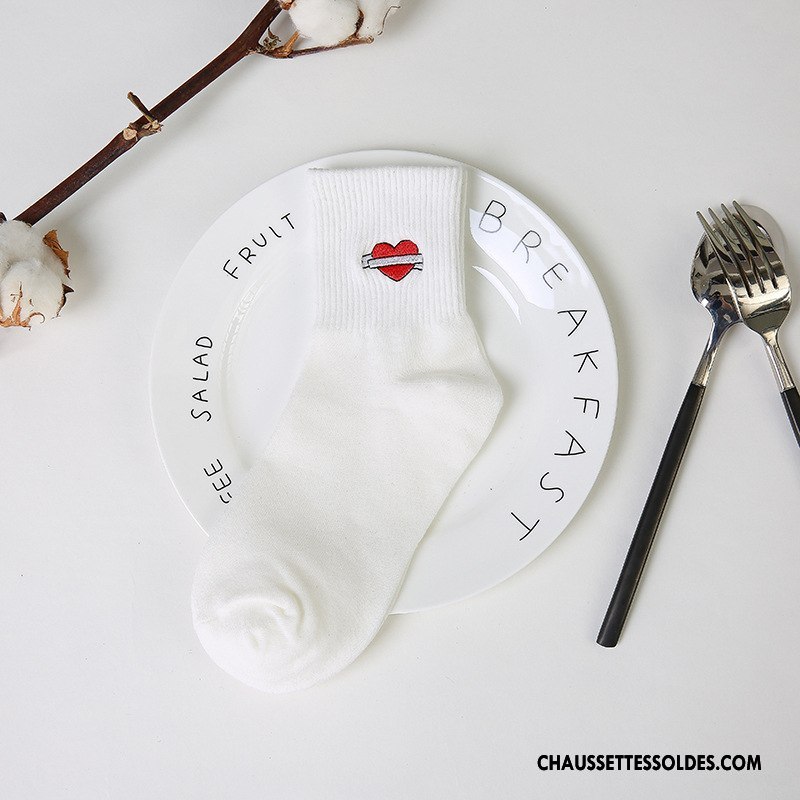 Chaussettes Courtes Femme 100% Coton Art Mouvement Amour Brodé Dame Rose Blanc