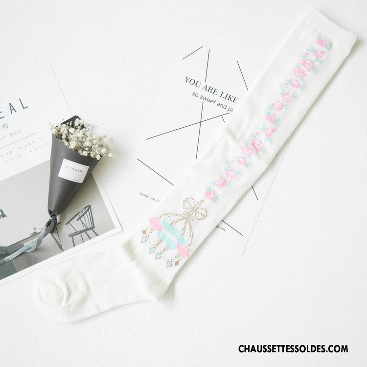 Chaussettes Longues Femme Floral Marque Mode Long Stock 100% Coton Printemps Blanc