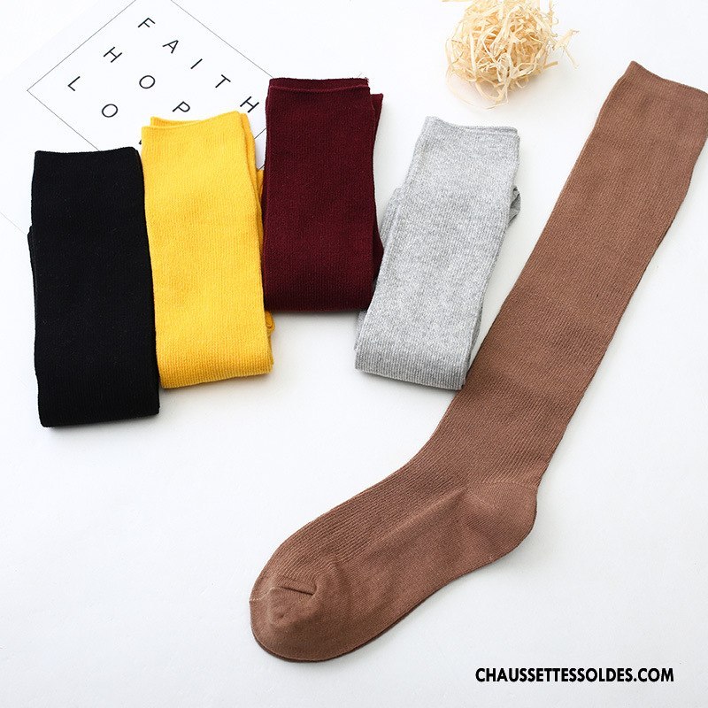 Chaussettes Longues Femme Bonbons Haute 100% Coton Chaussette À Genou Dame Pure Jaune