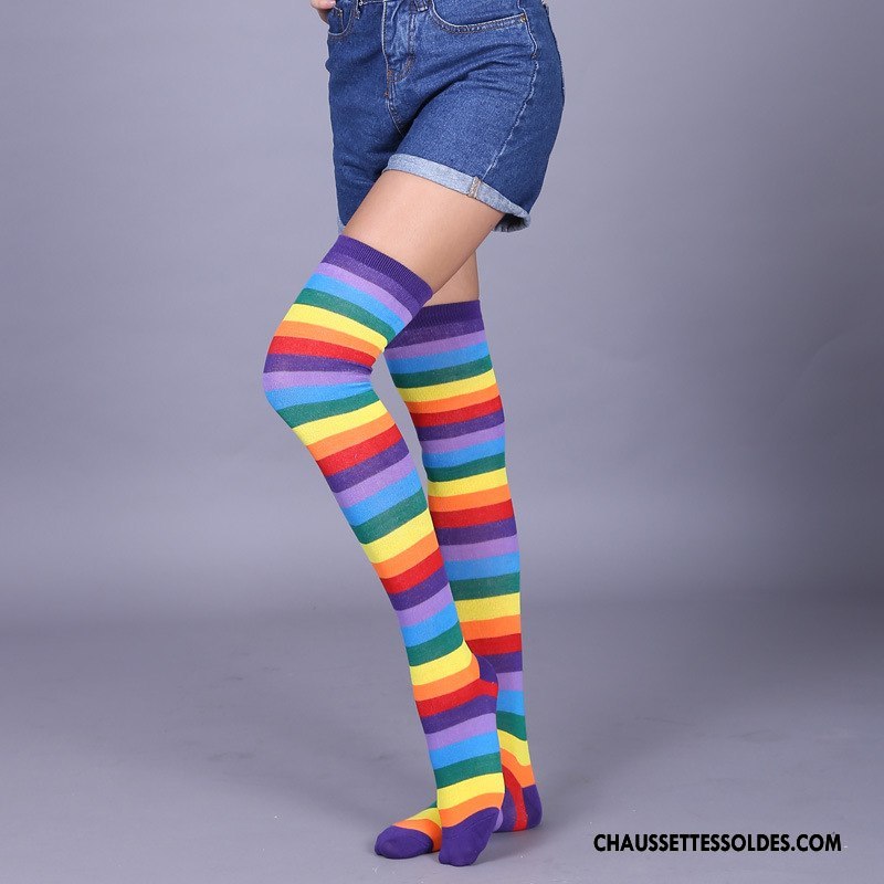 Chaussettes Longues Femme Rayé Charme Chaussettes En Coton Grande Taille Europe Arc En Ciel Coloré