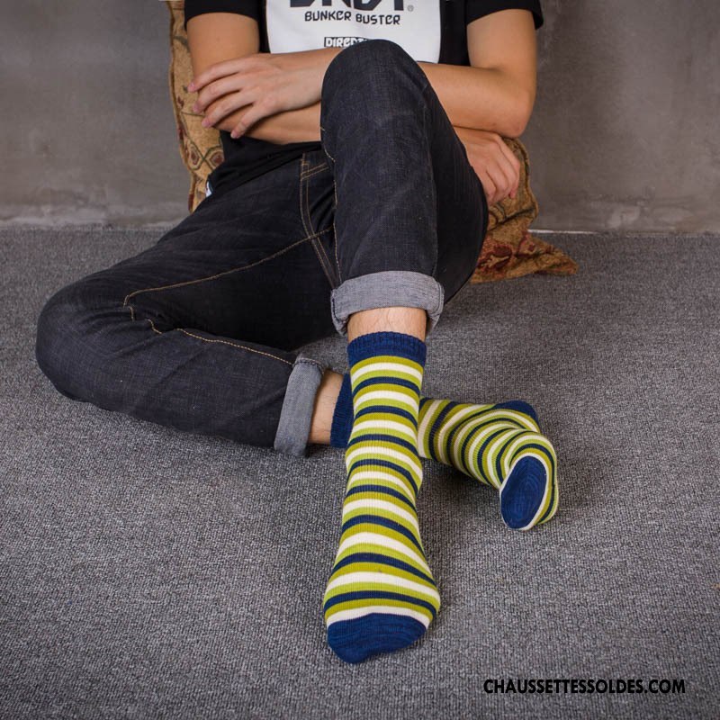 Chaussettes Mi Hautes Homme Matelassé Rétro Style National 100% Coton Tendance Le Nouveau Jaune