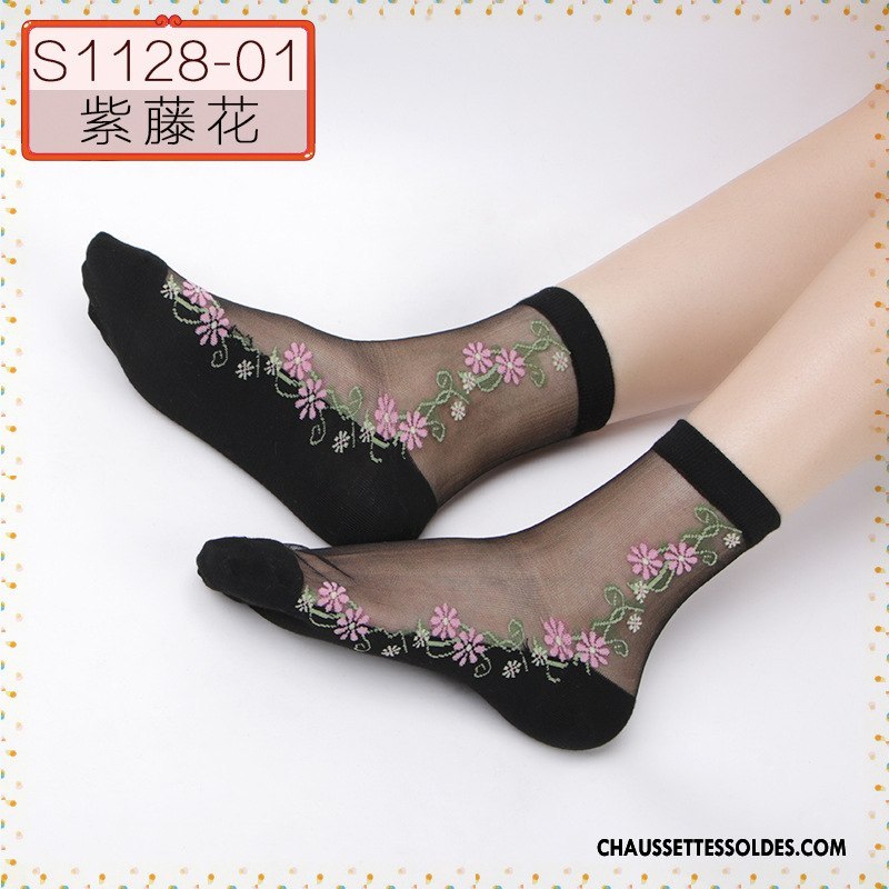 Bas Bas De Soie Femme Chaussette De Noël Toutes Les Saisons Ajouter Du Coton Antidérapant Anti-off Fleurs Violet