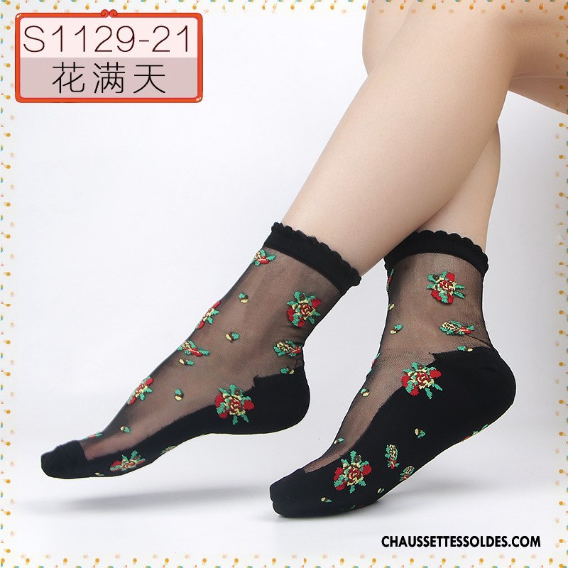 Bas Bas De Soie Femme Chaussette De Noël Été Soie De Glace Cristal Fleurs Printemps Noir