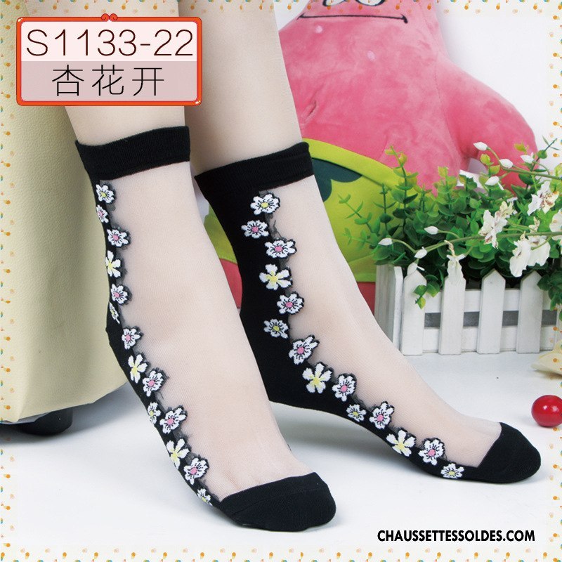 Bas Bas De Soie Femme Chaussette Matelassé Petit Dentelle Fleurs Papillon Noir