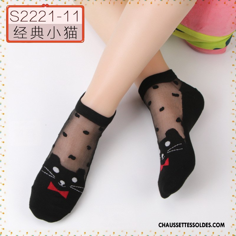 Bas Bas De Soie Femme Cristal Printemps Ajouter Du Coton Été Chaussette Courte Dessin Animé Noir