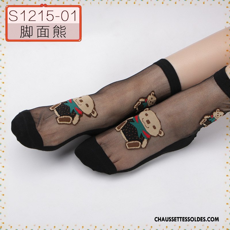 Bas Bas De Soie Femme Cristal Printemps Ajouter Du Coton Été Chaussette Courte Dessin Animé Noir