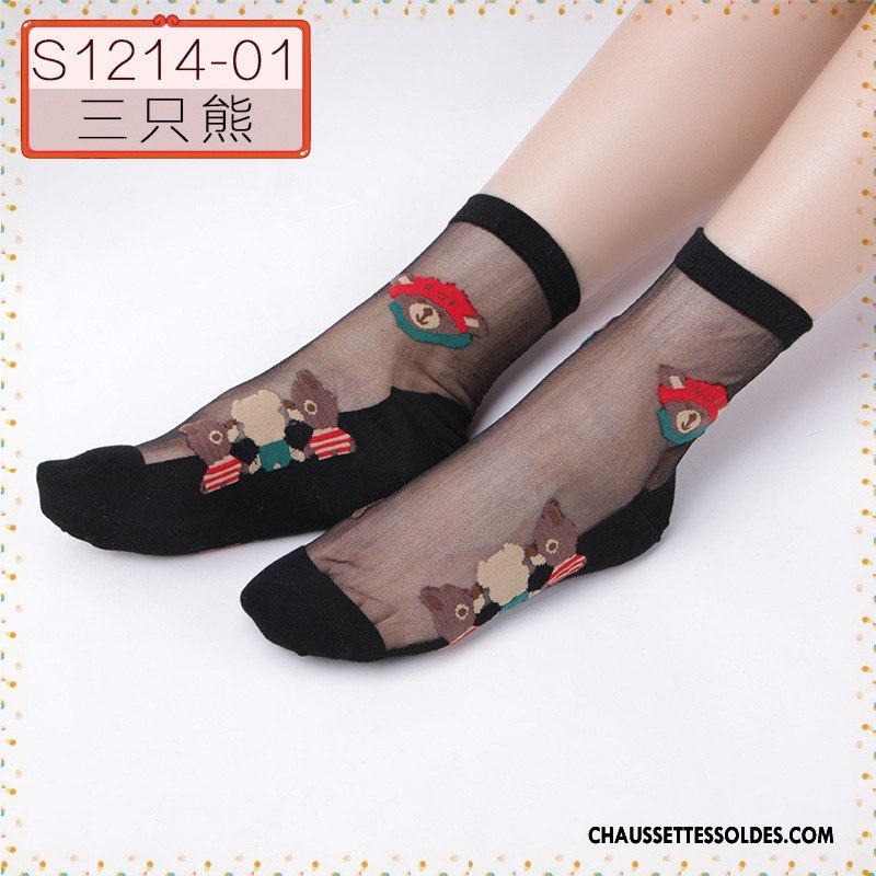 Bas Bas De Soie Femme Cristal Printemps Ajouter Du Coton Été Chaussette Courte Dessin Animé Noir