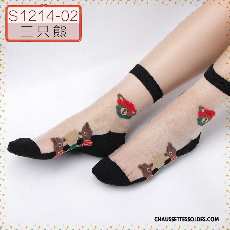 Bas Bas De Soie Femme Cristal Printemps Ajouter Du Coton Été Chaussette Courte Dessin Animé Noir