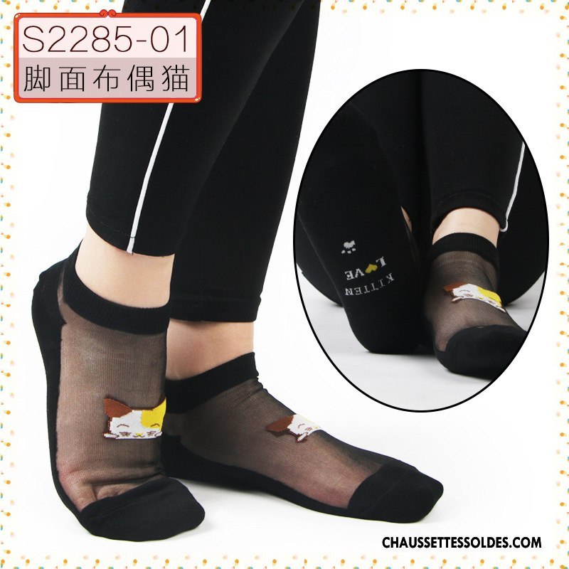 Bas Bas De Soie Femme Cristal Printemps Ajouter Du Coton Été Chaussette Courte Dessin Animé Noir