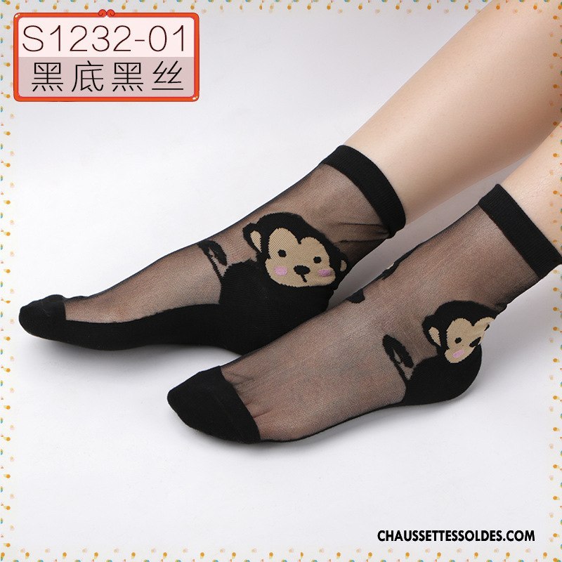 Bas Bas De Soie Femme Cristal Printemps Ajouter Du Coton Été Chaussette Courte Dessin Animé Noir