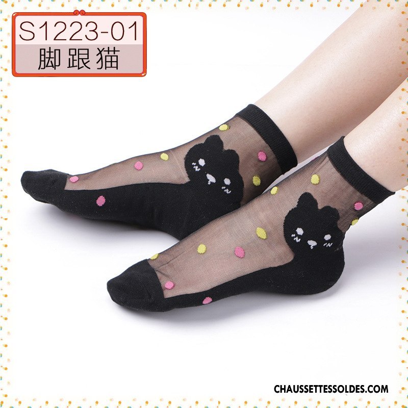 Bas Bas De Soie Femme Cristal Printemps Ajouter Du Coton Été Chaussette Courte Dessin Animé Noir