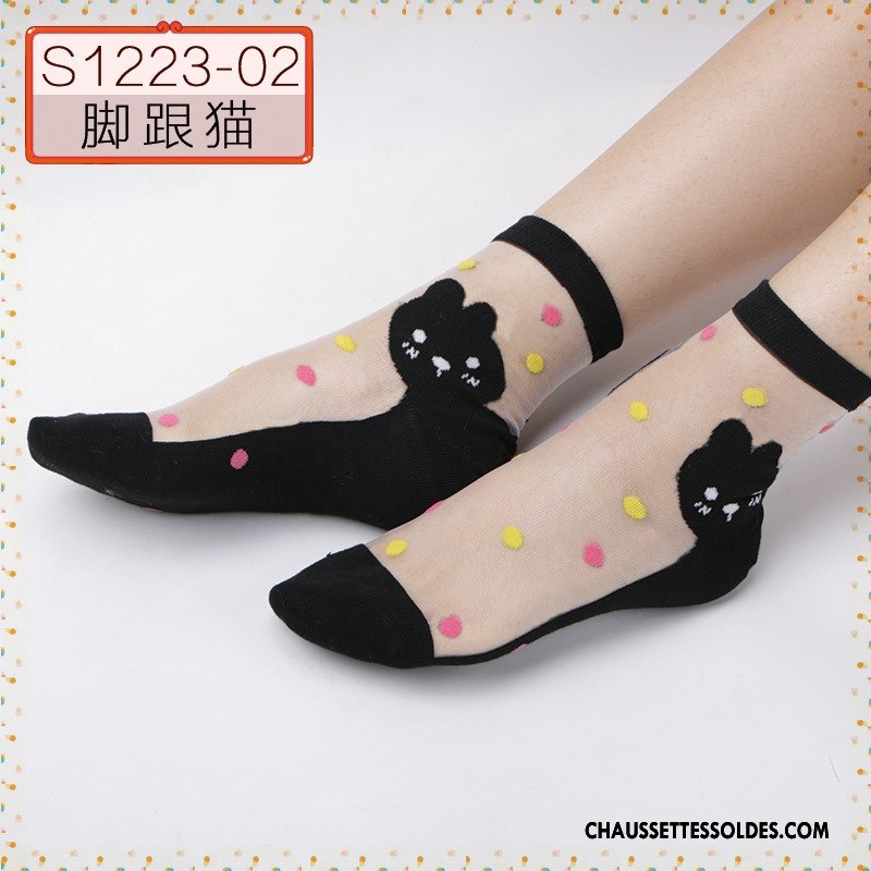 Bas Bas De Soie Femme Cristal Printemps Ajouter Du Coton Été Chaussette Courte Dessin Animé Noir