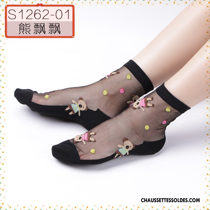 Bas Bas De Soie Femme Cristal Printemps Ajouter Du Coton Été Chaussette Courte Dessin Animé Noir