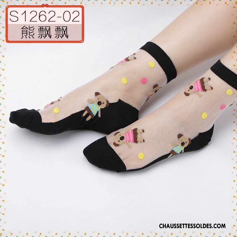 Bas Bas De Soie Femme Cristal Printemps Ajouter Du Coton Été Chaussette Courte Dessin Animé Noir