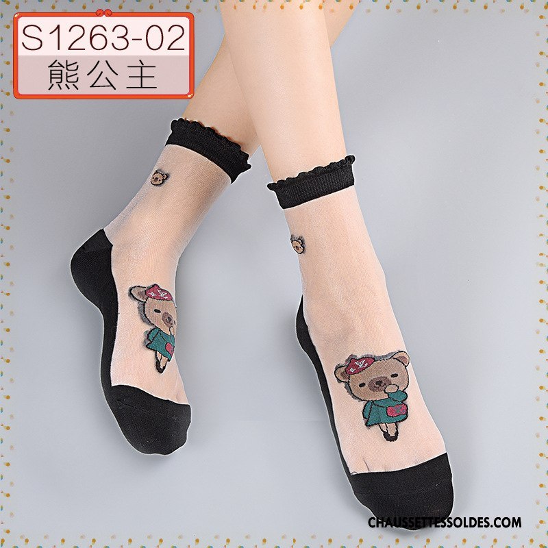 Bas Bas De Soie Femme Cristal Printemps Ajouter Du Coton Été Chaussette Courte Dessin Animé Noir