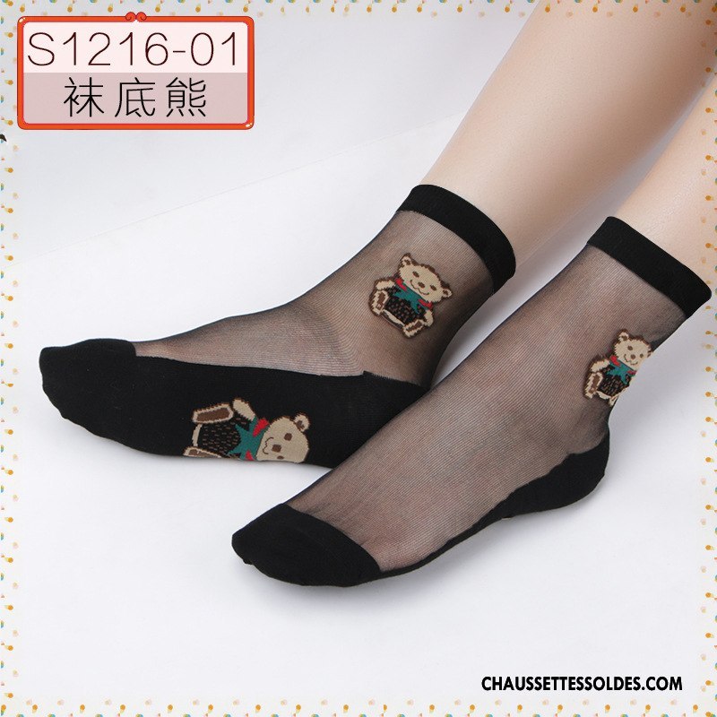 Bas Bas De Soie Femme Cristal Printemps Ajouter Du Coton Été Chaussette Courte Dessin Animé Noir