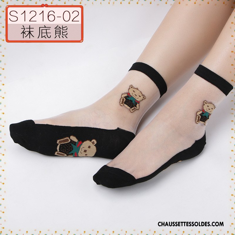 Bas Bas De Soie Femme Cristal Printemps Ajouter Du Coton Été Chaussette Courte Dessin Animé Noir