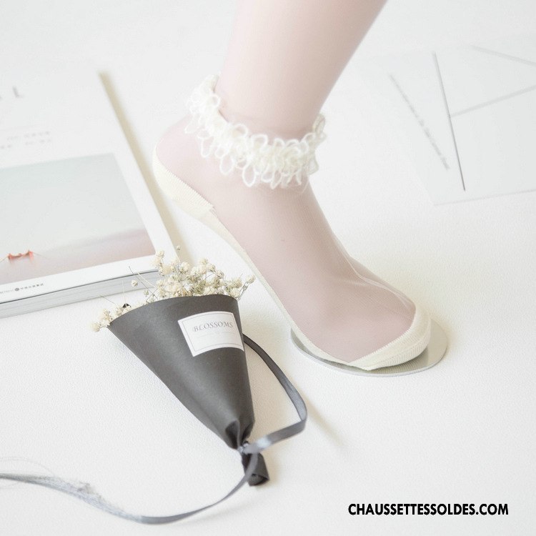 Bas Bas De Soie Femme Dame Cristal Transparent Chaussette Basse Coupée Été Dentelle Blanc