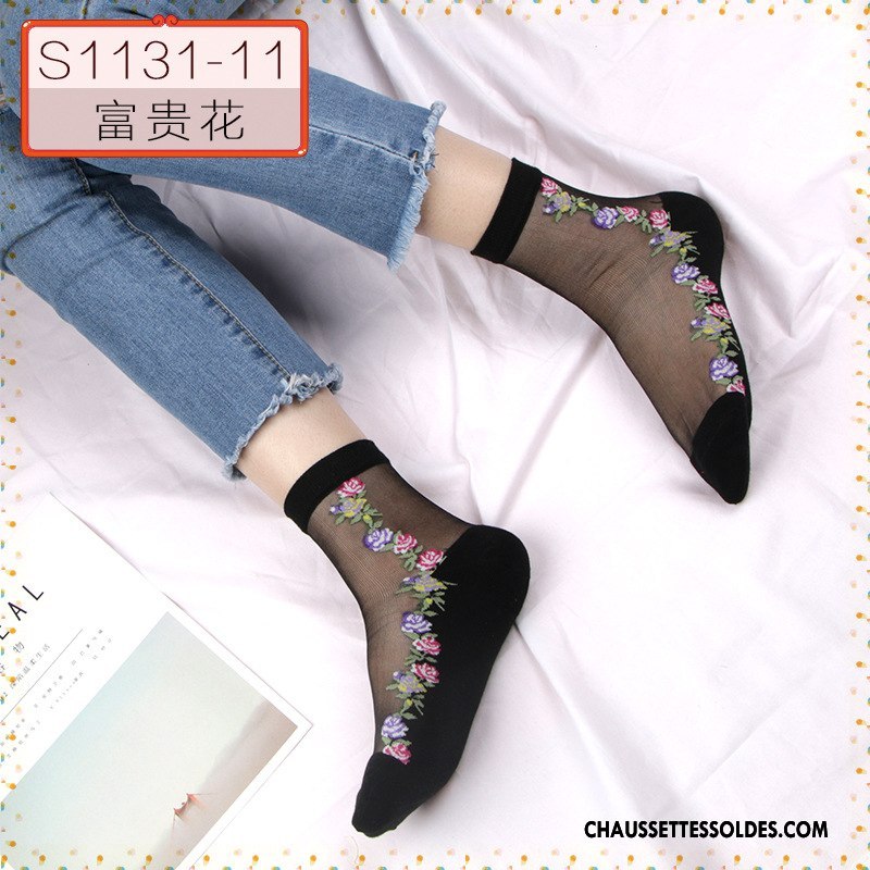 Bas Bas De Soie Femme Printemps Floral Style Chaud Petit Ajouter Du Coton Cristal Noir