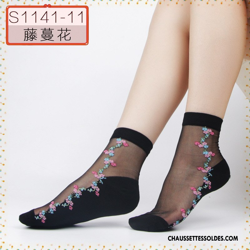 Bas Bas De Soie Femme Printemps Floral Style Chaud Petit Ajouter Du Coton Cristal Noir