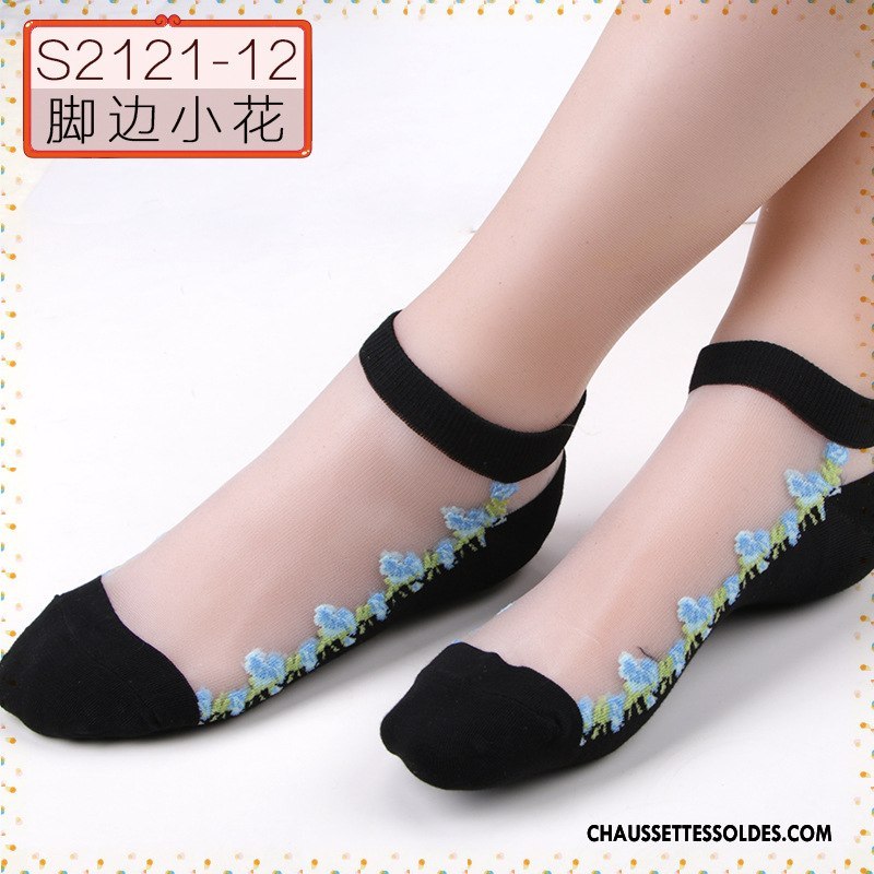 Bas Bas De Soie Femme Printemps Floral Style Chaud Petit Ajouter Du Coton Cristal Noir