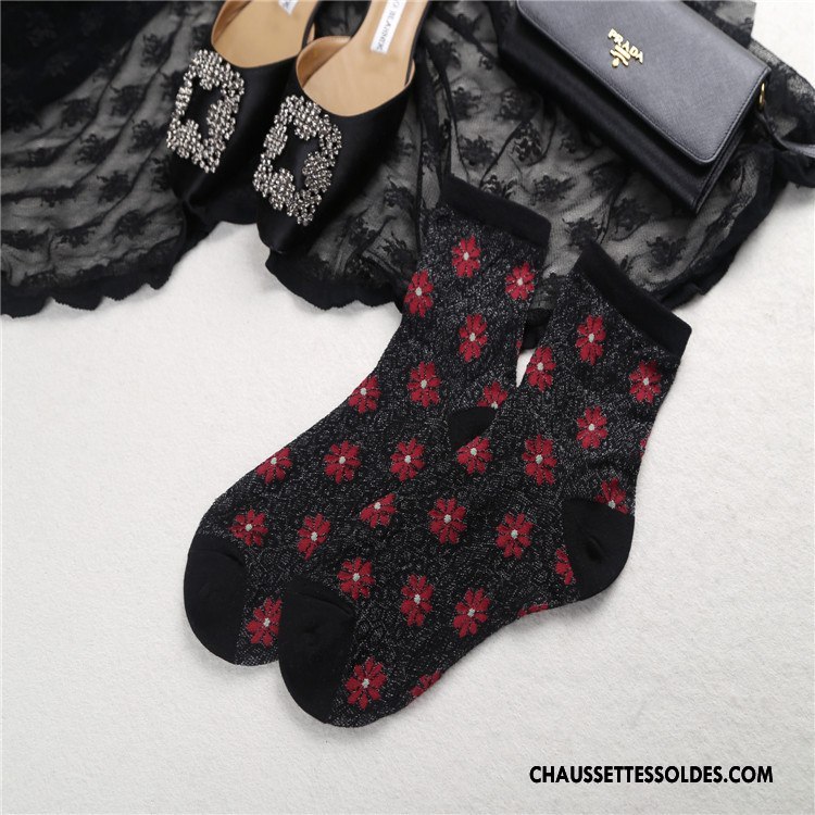 Bas Bas De Soie Femme Été Élasticité Fleurs Chaussette Importer Anis Étoilé Noir