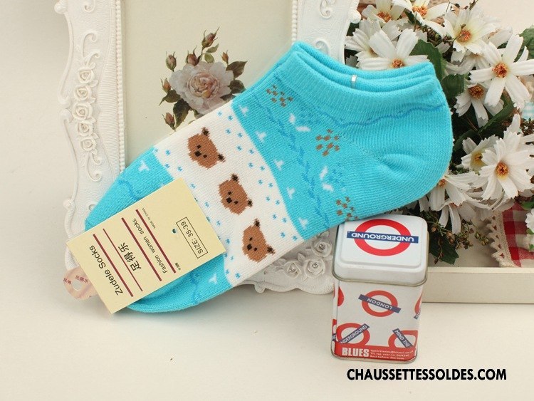 Chaussette Basse Femme 100% Coton Été Dessin Animé Ours Style Chaud Chaussette Basse Coupée Bleu