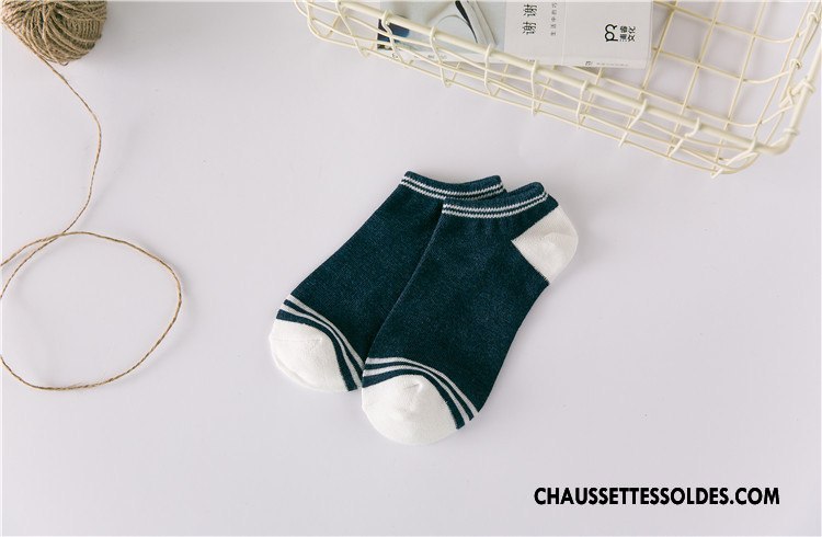 Chaussette Basse Femme Le Nouveau Printemps Chaussette Basse Coupée Chaussette Courte 100% Coton Rayé Bleu