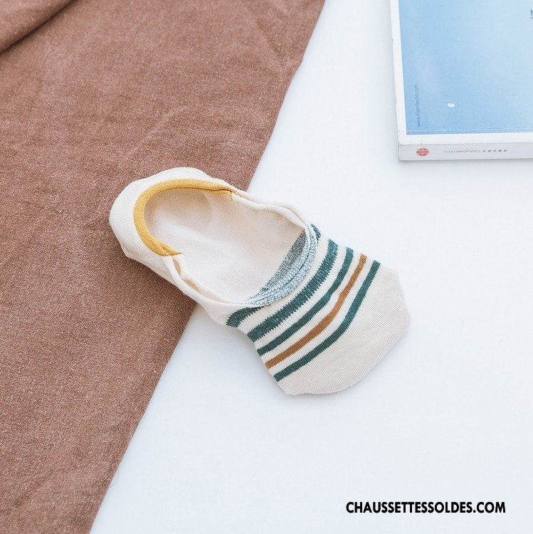 Chaussette Basse Femme Mouvement Beige Coton Bio Invisible Rayé Chaussette Basse Coupée Blanc