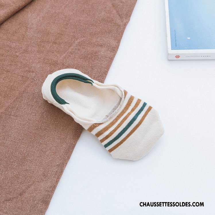 Chaussette Basse Femme Mouvement Beige Coton Bio Invisible Rayé Chaussette Basse Coupée Blanc