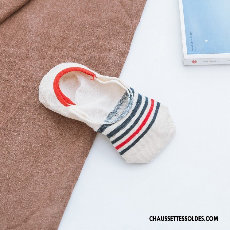 Chaussette Basse Femme Mouvement Beige Coton Bio Invisible Rayé Chaussette Basse Coupée Blanc