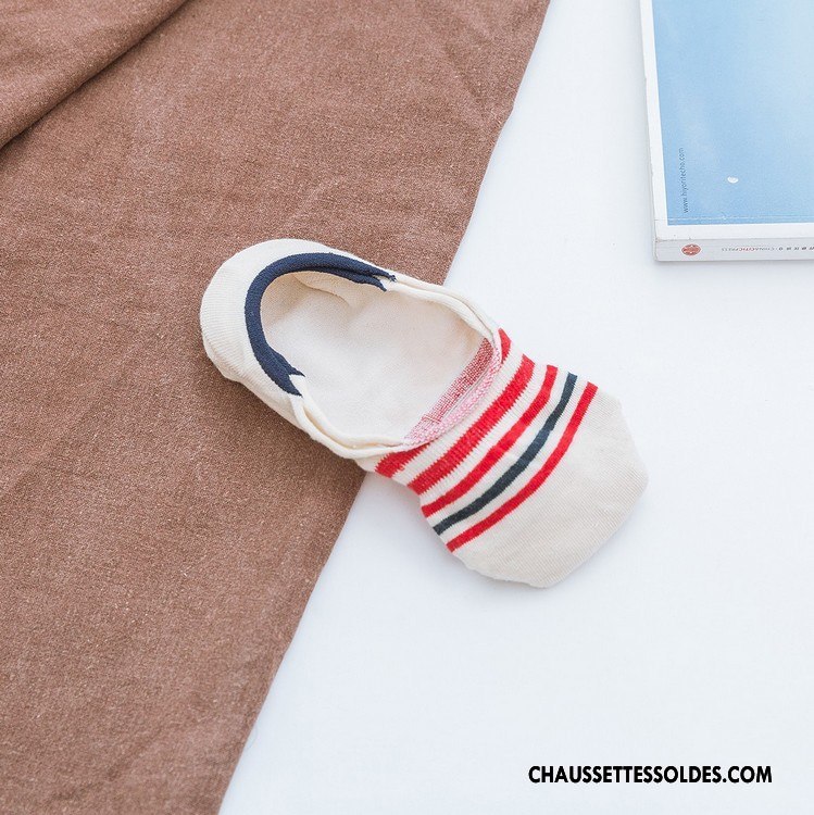 Chaussette Basse Femme Mouvement Beige Coton Bio Invisible Rayé Chaussette Basse Coupée Blanc