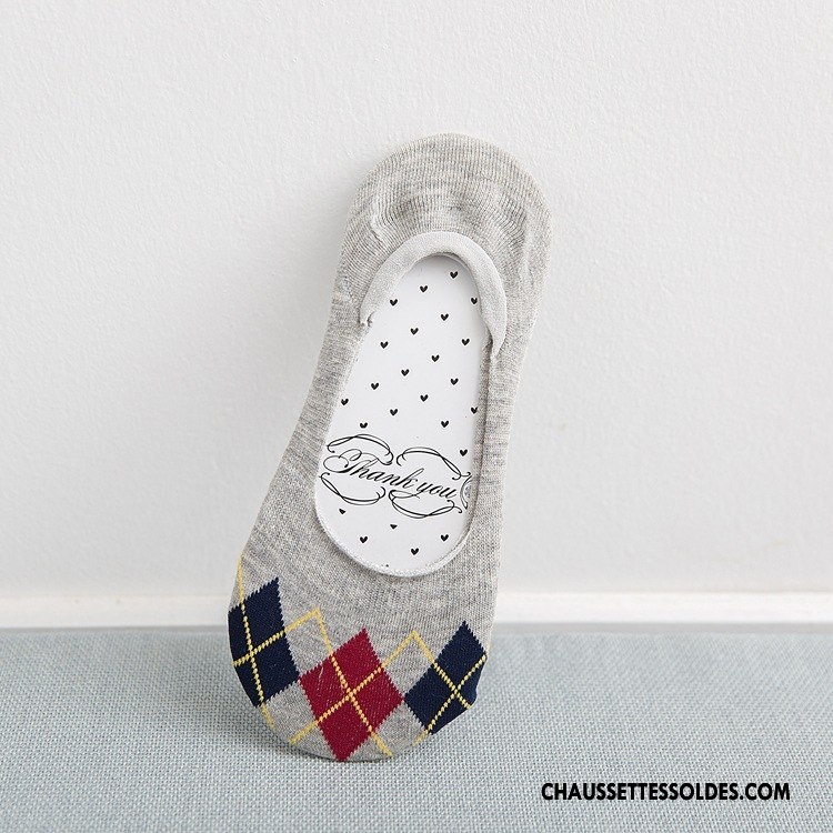 Chaussette Basse Femme Été Dame Losange Mince Absorber La Sueur Mode Gris Clair