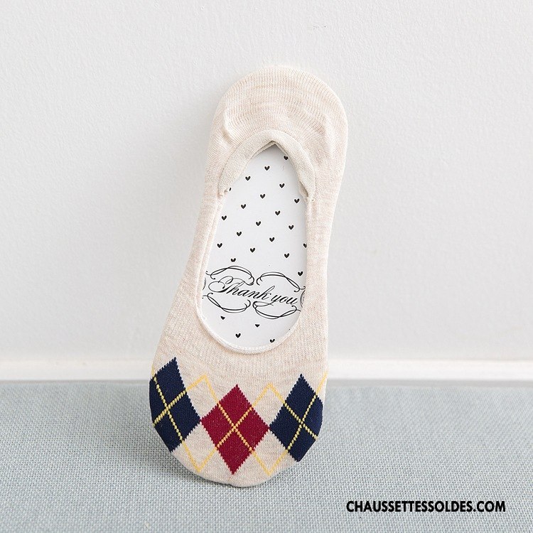 Chaussette Basse Femme Été Dame Losange Mince Absorber La Sueur Mode Gris Clair