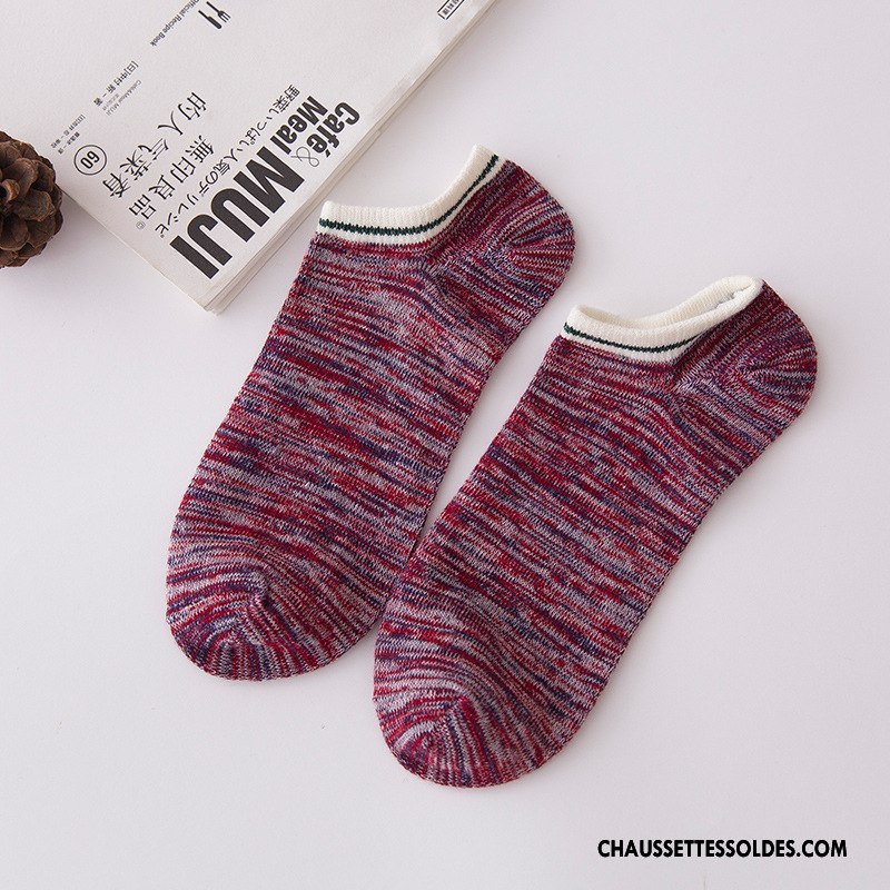 Chaussette Basse Homme Casual 100% Coton Rayé Chaussette Basse Coupée L'automne Rétro Bordeaux