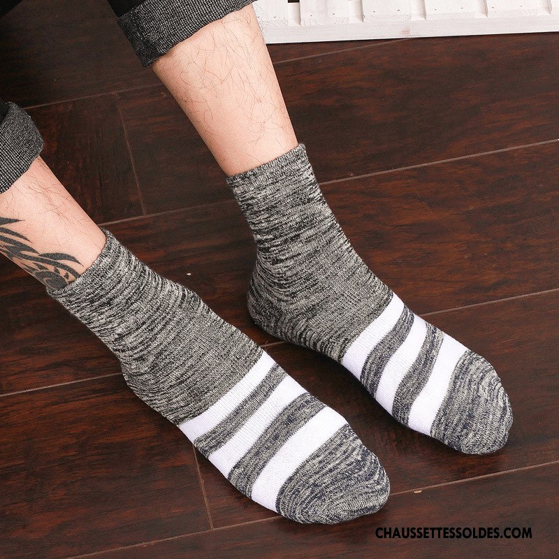 Chaussette Basse Homme Casual Hiver L'automne 100% Coton Plus De Velours Rayé Gris
