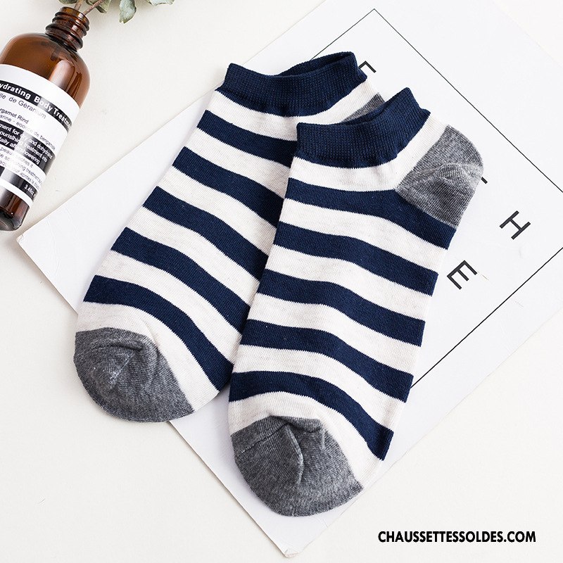 Chaussette Basse Homme Coton Bio Chaussette Basse Coupée Chaussette Courte Été Printemps Rayé Bleu Clair