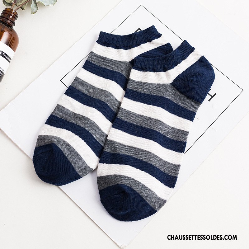 Chaussette Basse Homme Coton Bio Chaussette Basse Coupée Chaussette Courte Été Printemps Rayé Bleu Clair