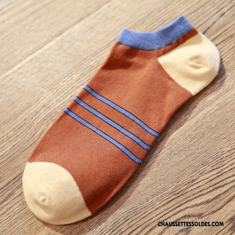 Chaussette Basse Homme Été Chaussette Basse Coupée Orange Rayé Chaussette Courte Épissure Clair