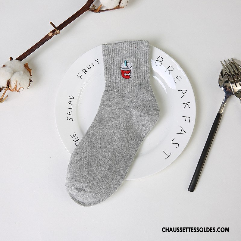 Chaussettes Courtes Femme 100% Coton Art Mouvement Amour Brodé Dame Rose Blanc