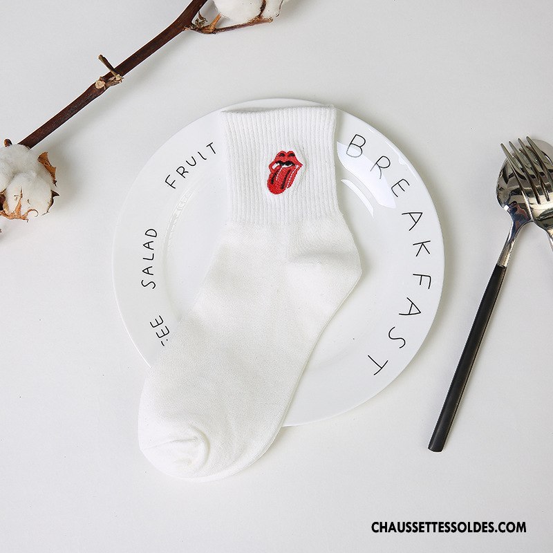 Chaussettes Courtes Femme 100% Coton Art Mouvement Amour Brodé Dame Rose Blanc