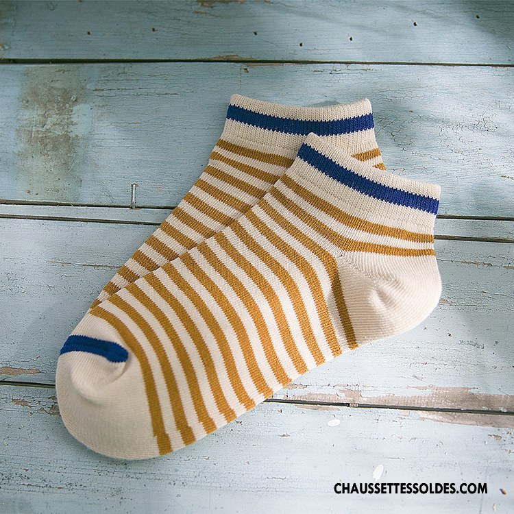 Chaussettes Courtes Femme 100% Coton Personnalité Rayé Dame Chaussette Basse Coupée Jaune