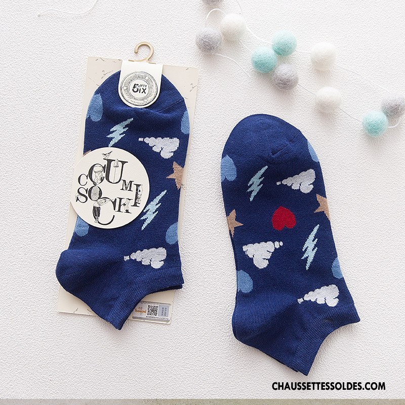 Chaussettes Courtes Femme Dessin Animé Chaussette Basse Coupée Nouvelles Arrivées 100% Coton Lovers Géométrie Bleu