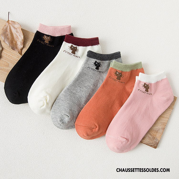 Chaussettes Courtes Femme Dessin Animé Petit Chat 100% Coton Basse Respirant Gris