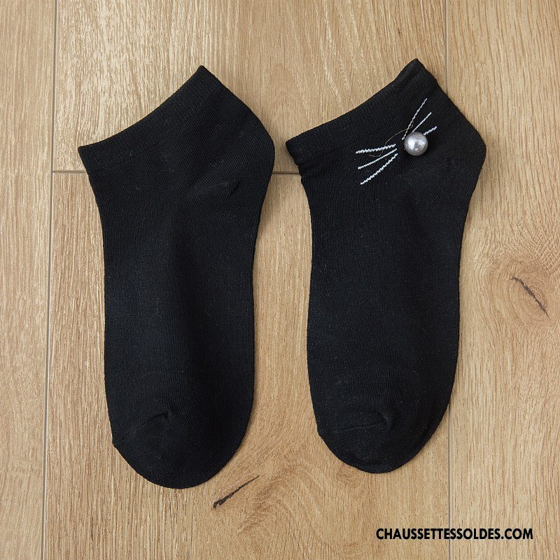 Chaussettes Courtes Femme Perle Chat Chaussette Basse Coupée Printemps Casual Accessoires Blanc