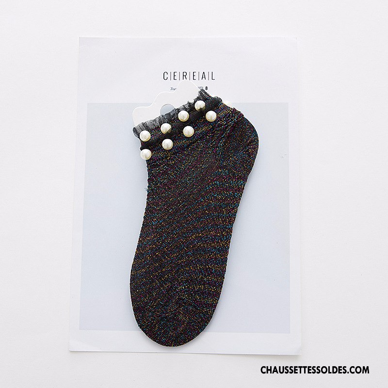 Chaussettes Courtes Femme Été Chaussette Courte Manuel Légère Mode Rivet Noir Argent Clair