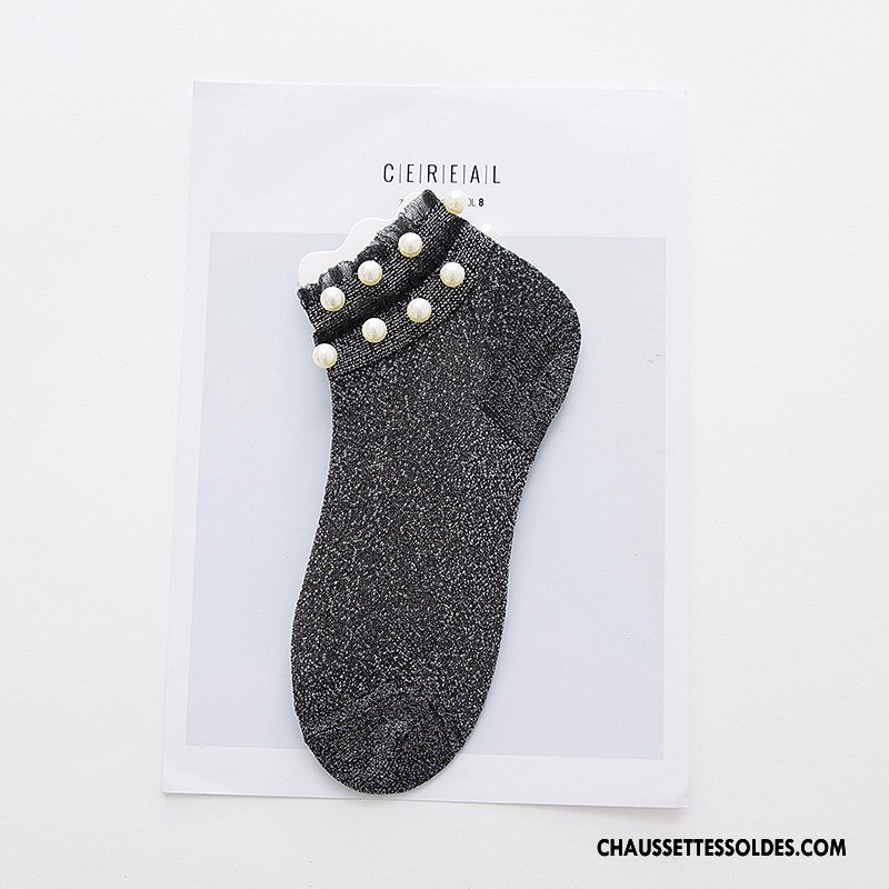 Chaussettes Courtes Femme Été Chaussette Courte Manuel Légère Mode Rivet Noir Argent Clair