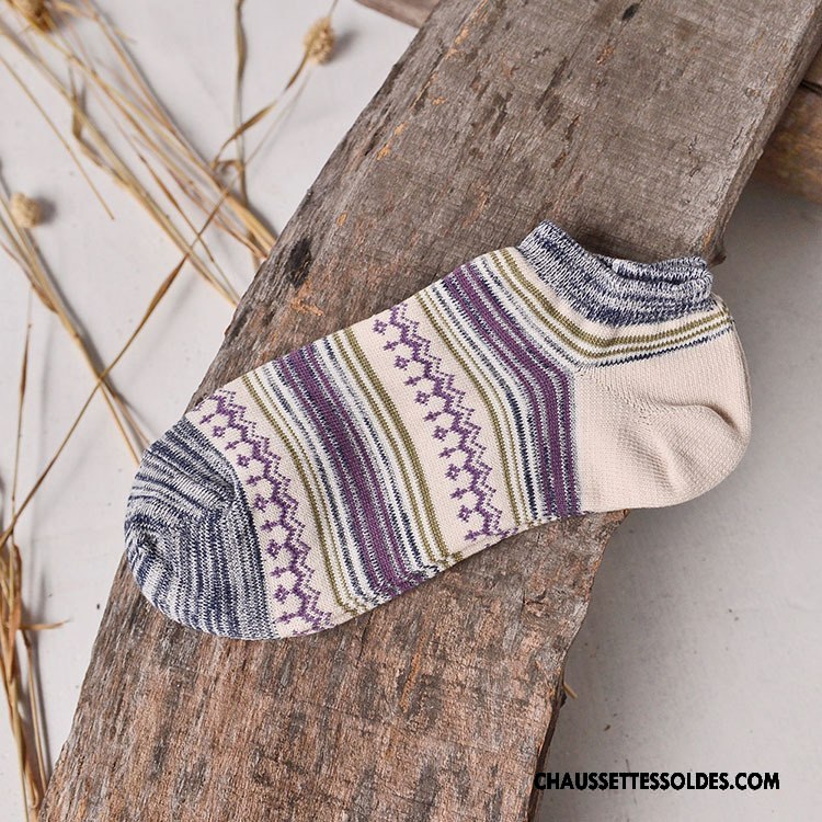 Chaussettes Courtes Homme Camouflage Rayé Rétro Chaussette Basse Coupée Style National Art Couleur De Contraste Violet