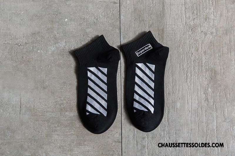 Chaussettes Courtes Homme Chaussette Basse Coupée Rayé Anti-odeur 100% Coton Toutes Les Saisons Brodé Blanc Noir