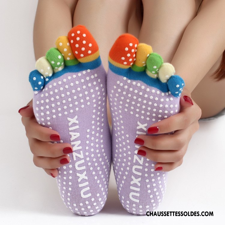Chaussettes De Yoga Femme Antidérapant Cinq Doigts Réseau Clair Chaussettes En Coton Dame Violet